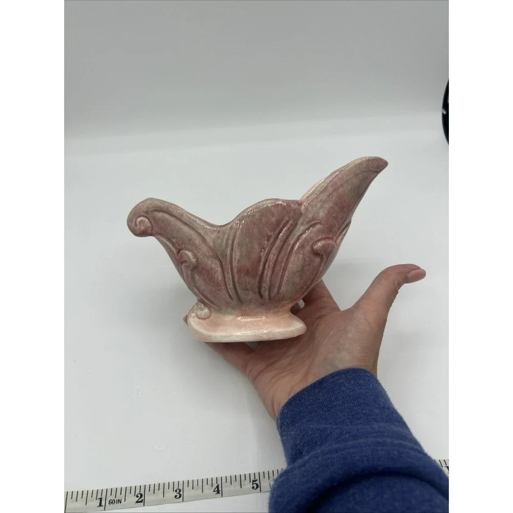 Vintage Mid-Century Pink art pottery Console Planter Unmarked Art Nouveau Leaf